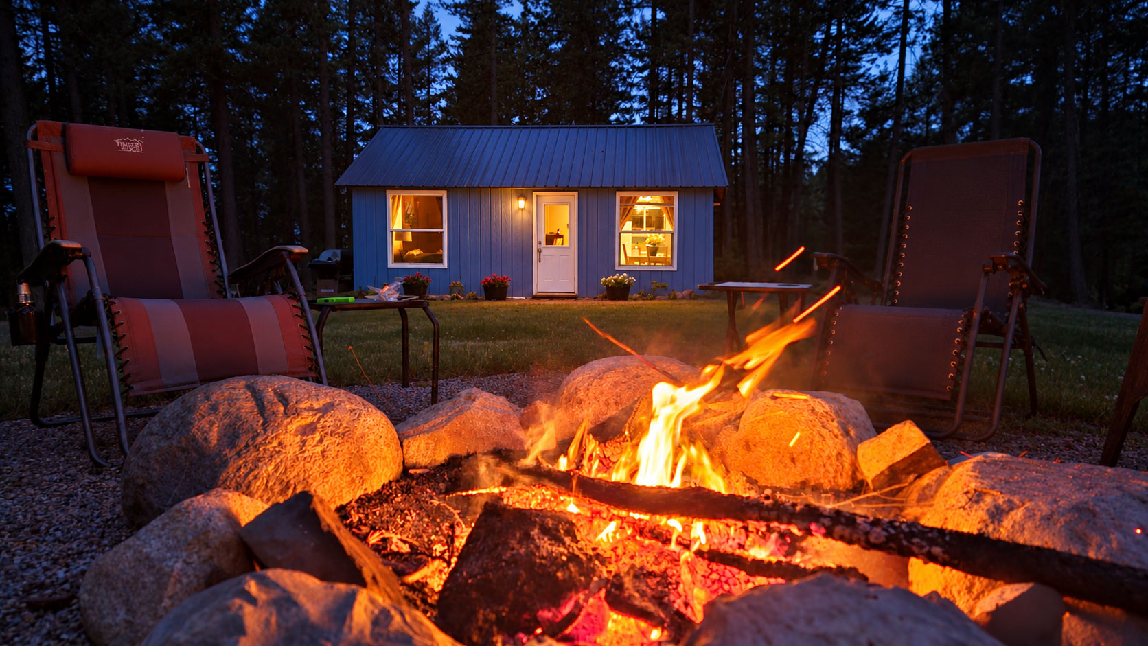 Blue Cabin glowing warmly beyond a campfire at dusk